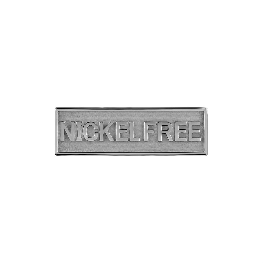 Nickel free tag with push in pins for plastwood display