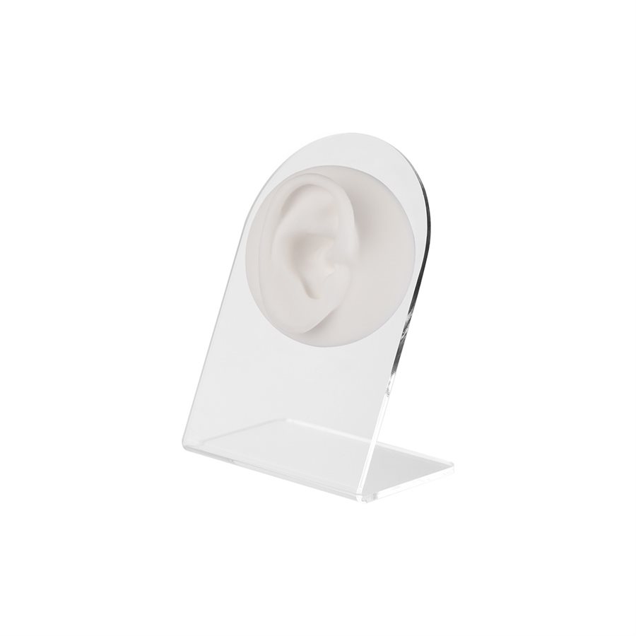 White tattooable right ear display on acrylic stand